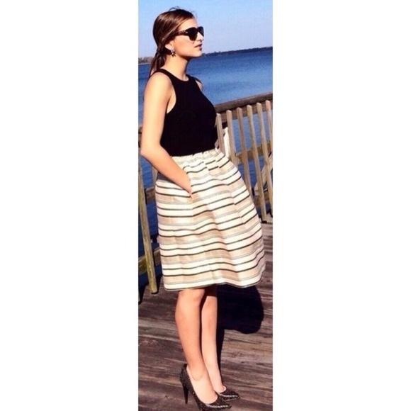 J. CREW Cupcake Fit & Flare Cocktail Party Dress Metallic Gold Black Stripe Silk - Picture 8 of 15